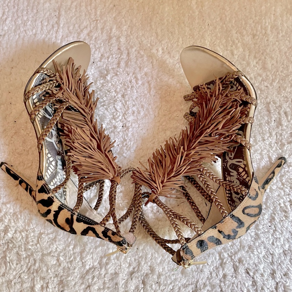 Sam Edelman Fringed Strappy Gladiator Style Leopard Cage Heels sz 7.5
